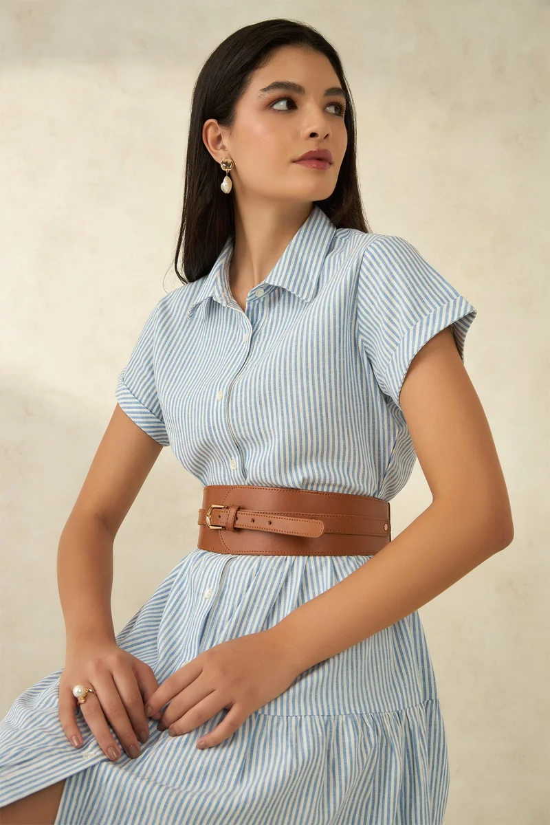 فيرجيو Stripes Cotton White-Blue Striped Shirt Dress for Women