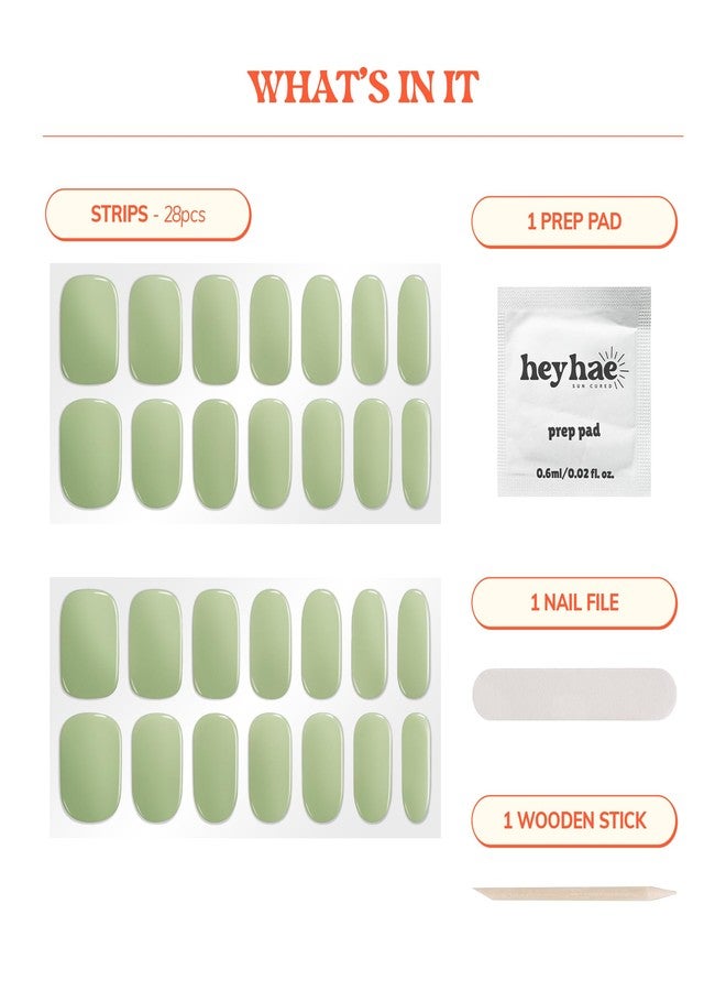 Heyhae Semi Cured Gel Nail Strips | No LED Lamp Needed | Solid, Green, Spring | Easy Apply & Remove, Salon Quality | Includes 28 Strips, 1 Prep Pads, Nail File & Wooden stick - Hey, Matcha Girly - Image 3