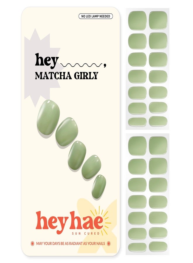 Heyhae Semi Cured Gel Nail Strips | No LED Lamp Needed | Solid, Green, Spring | Easy Apply & Remove, Salon Quality | Includes 28 Strips, 1 Prep Pads, Nail File & Wooden stick - Hey, Matcha Girly - Image 1