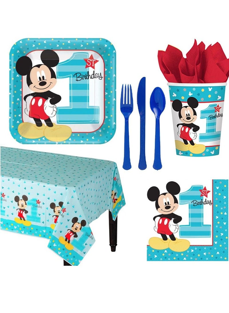 Mickey Mouse Fun, Tableware Party Supplies, Includes Napkins, Plates, Cups, Cutlery And Tablecover For 8 Guests