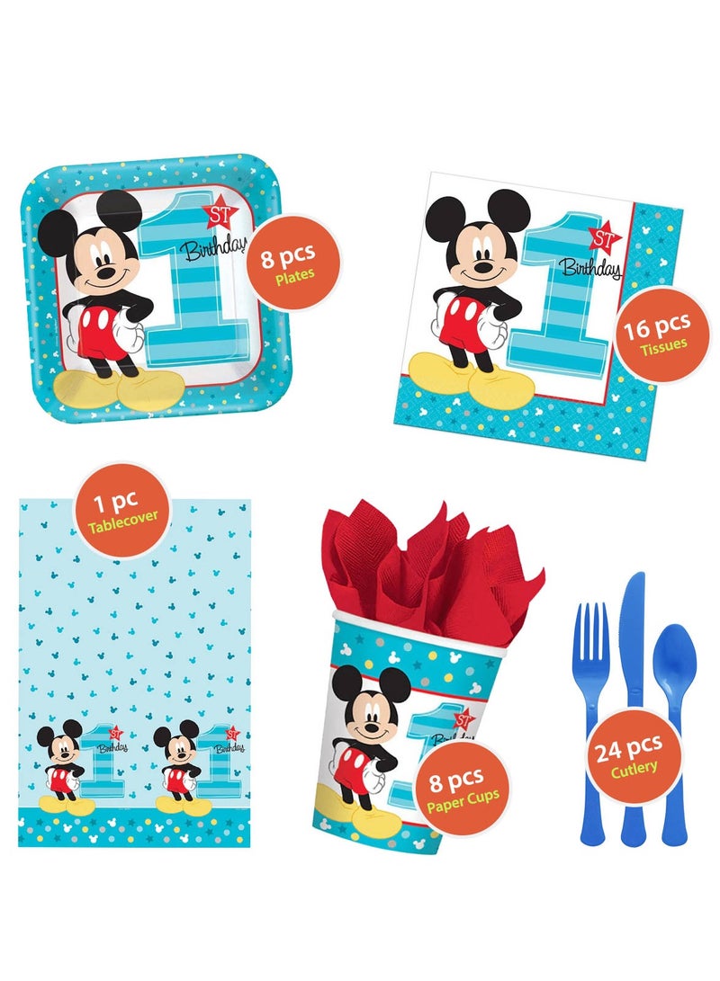 Mickey Mouse Fun, Tableware Party Supplies, Includes Napkins, Plates, Cups, Cutlery And Tablecover For 8 Guests