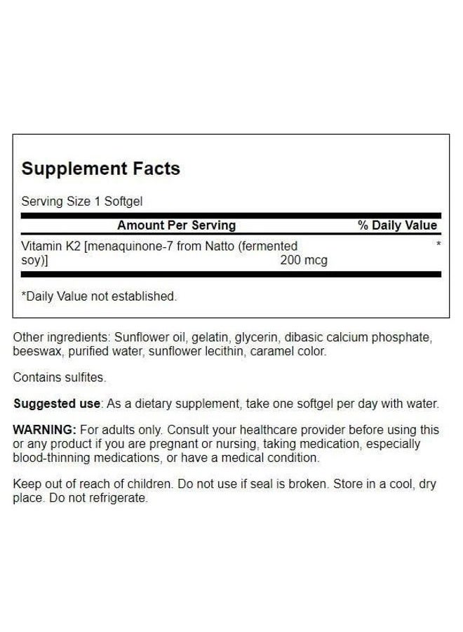 SWANSON Maximum Strength Vitamin K2 (Menaquinone-7)-Vitamin Supplement Supporting Cardiovascular and Bone Health-Made from Japanese Natto to Help Regulate Calcium (30 Softgels, 200mcg Each) - Image 2