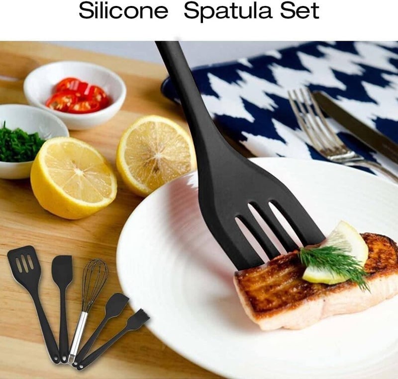 NowExp Silicone Spatula Set 5Piece HeatResistant NonStick BPAFree with Wooden Handles for Cooking Baking and Icing - Image 3