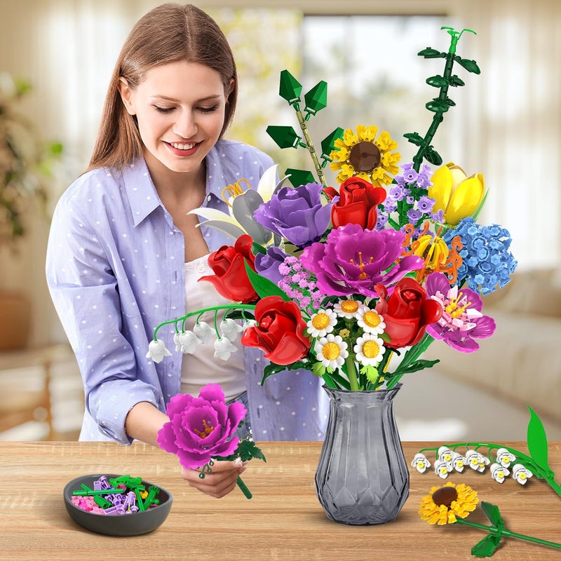 PLAXSOON Flower Bouquet Building Set, Valentine's Day 18 Flowers Rose Building Block, Botanical Collection Building Block Toy Plant Home Decor 1015 PCS, Gift for Her Adults Women Kids Boys Girls 12+ - Image 4