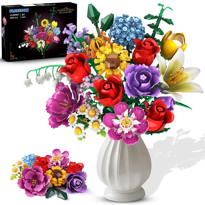 PLAXSOON Flower Bouquet Building Set, Valentine's Day 18 Flowers Rose Building Block, Botanical Collection Building Block Toy Plant Home Decor 1015 PCS, Gift for Her Adults Women Kids Boys Girls 12+ - Image 1