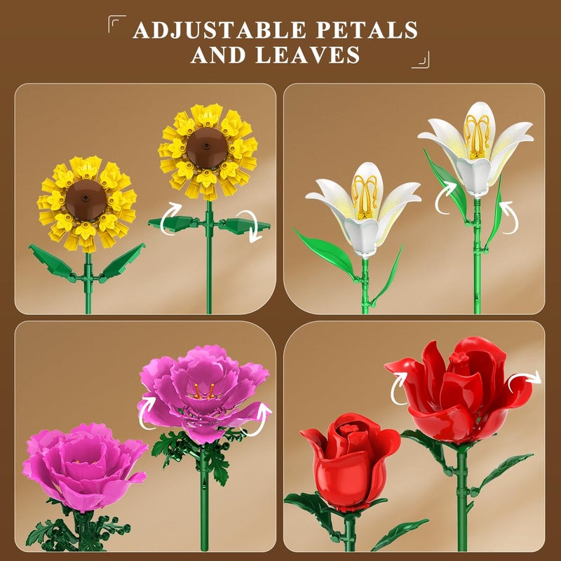 PLAXSOON Flower Bouquet Building Set, Valentine's Day 18 Flowers Rose Building Block, Botanical Collection Building Block Toy Plant Home Decor 1015 PCS, Gift for Her Adults Women Kids Boys Girls 12+ - Image 5