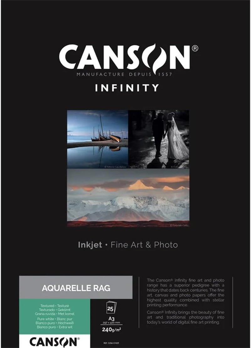 Canson Infinity Arches Aquarelle Rag Watercolor Textured Matte Inkjet Paper 310gsm 11 x 17 25 Sheets