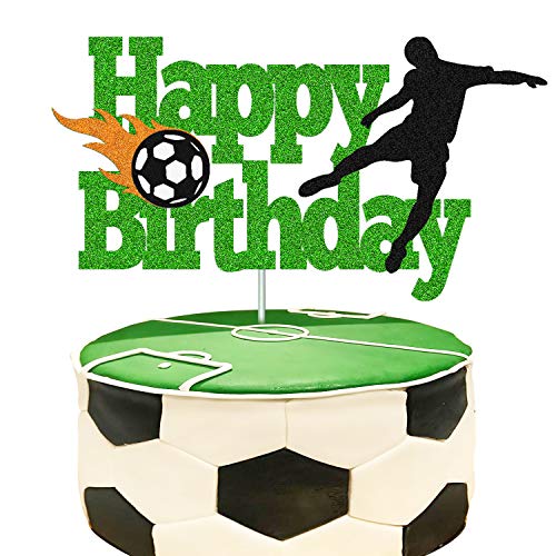 YOYMARR Soccer Cake Topper Happy Birthday Sign Football Player Cake Decorations for Sport Theme Man Boy Girl Birthday Party Supplies Double Sided Green Sparkle Decor - Image 1