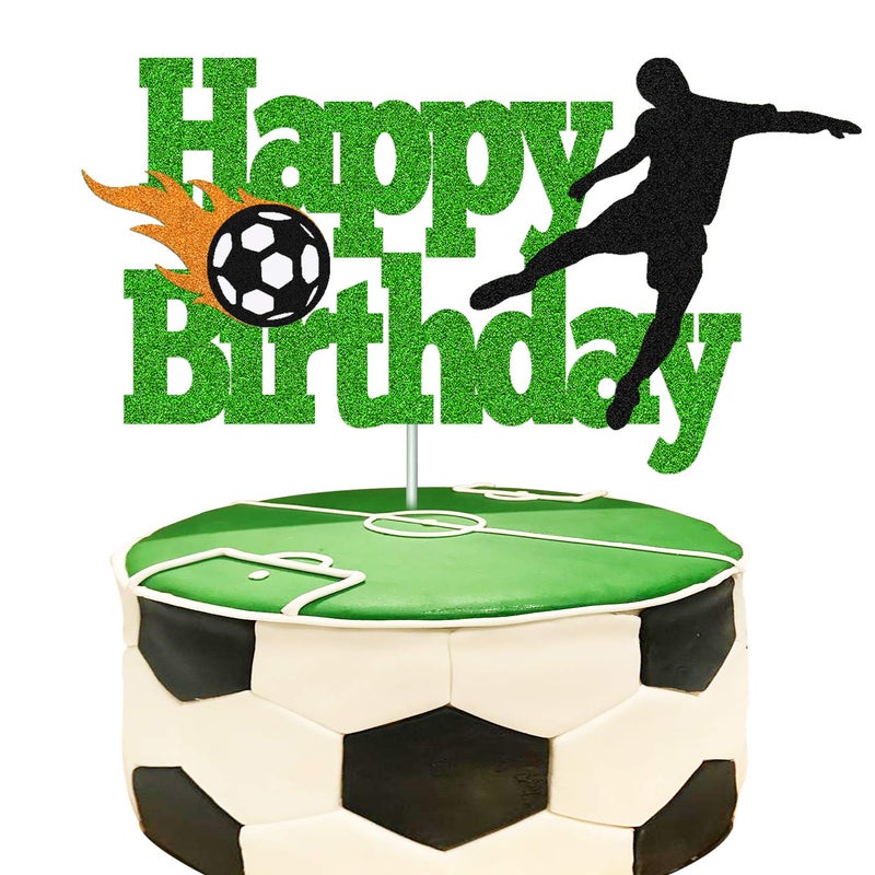 YOYMARR Soccer Cake Topper Happy Birthday Sign Football Player Cake Decorations for Sport Theme Man Boy Girl Birthday Party Supplies Double Sided Green Sparkle Decor - Image 3