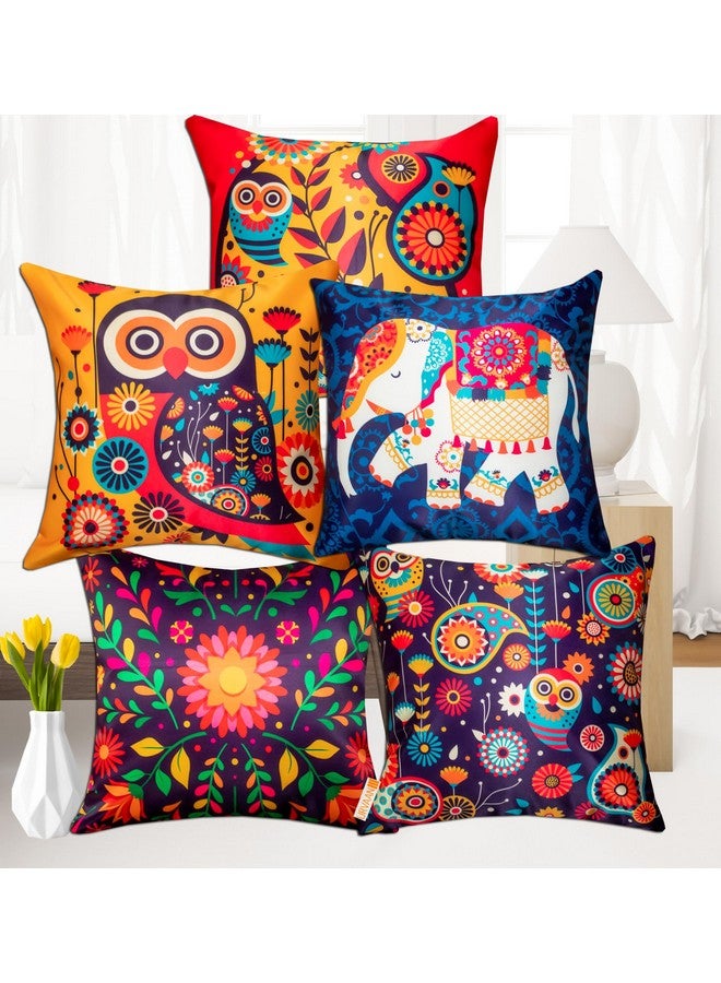 Urvaan Velvet Cartoon Elephant Cushion Cover, Set of 5, 16X16 Inch, Multicolour - Image 5