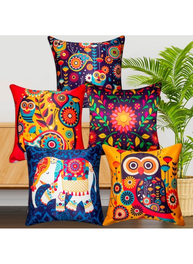 Urvaan Velvet Cartoon Elephant Cushion Cover, Set of 5, 16X16 Inch, Multicolour - Image 1