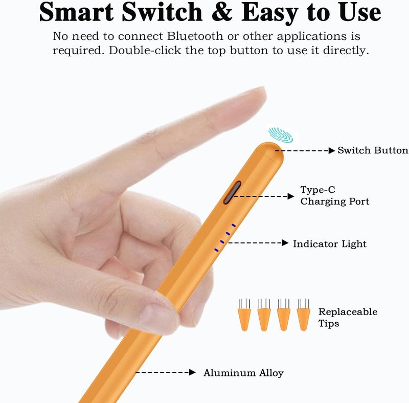 Luntak Stylus Pens for Touch Screens,Type-C Tablet Pen with 4 Pom Tips Rechargable Stylus Pen for Android Compatible with Samsung/Huawei/Lenovo/Mi/Vivo and Other Android Smartphone and Tablet Devices-Orange - Image 5