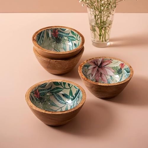 nestroots Wooden Serving Bowl for Snacks & Dry Fruits | Green Printed Multipurpose Bowl for Dining & Kitchen | Handcrafted Snack Bowl (6 Inches, Set of 4) - Image 1