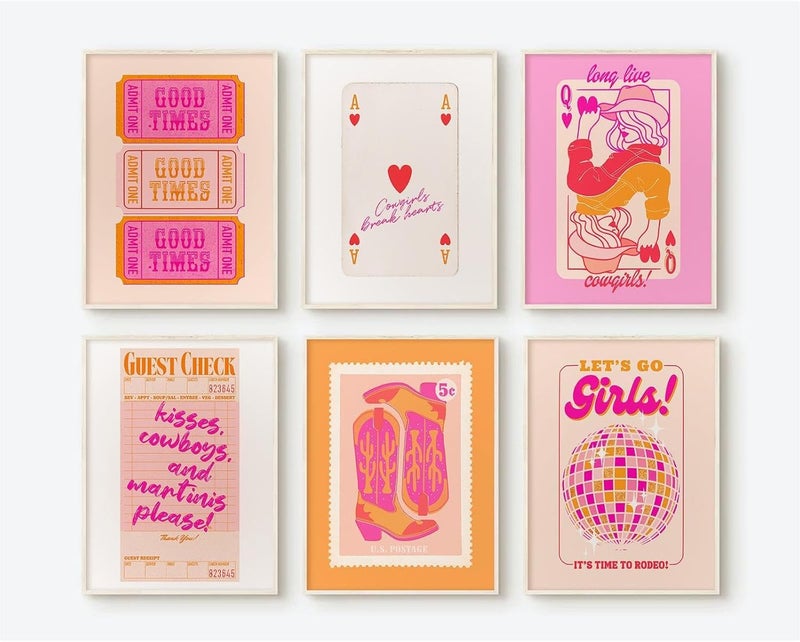 ARS Hot Pink Wall Art Decor Trendy Aesthetic Pictures Preppy Funky Wall Art Poker Retro Poster Orange Vintage Canvas Hot Pink Artwork Western Prints Cowgirl Painting Dorm Room 8x10 Inch Unframed Set of 6 - Image 1