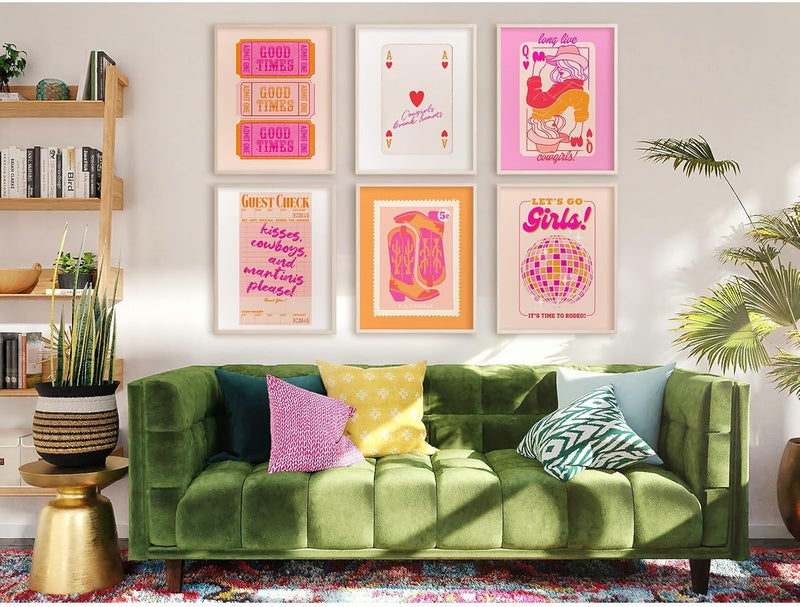 ARS Hot Pink Wall Art Decor Trendy Aesthetic Pictures Preppy Funky Wall Art Poker Retro Poster Orange Vintage Canvas Hot Pink Artwork Western Prints Cowgirl Painting Dorm Room 8x10 Inch Unframed Set of 6 - Image 4