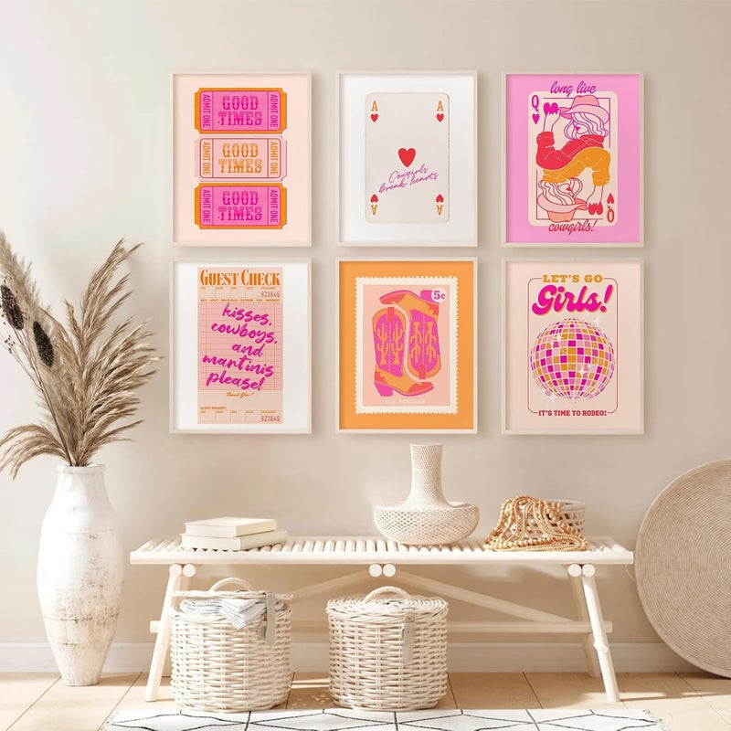 ARS Hot Pink Wall Art Decor Trendy Aesthetic Pictures Preppy Funky Wall Art Poker Retro Poster Orange Vintage Canvas Hot Pink Artwork Western Prints Cowgirl Painting Dorm Room 8x10 Inch Unframed Set of 6 - Image 3