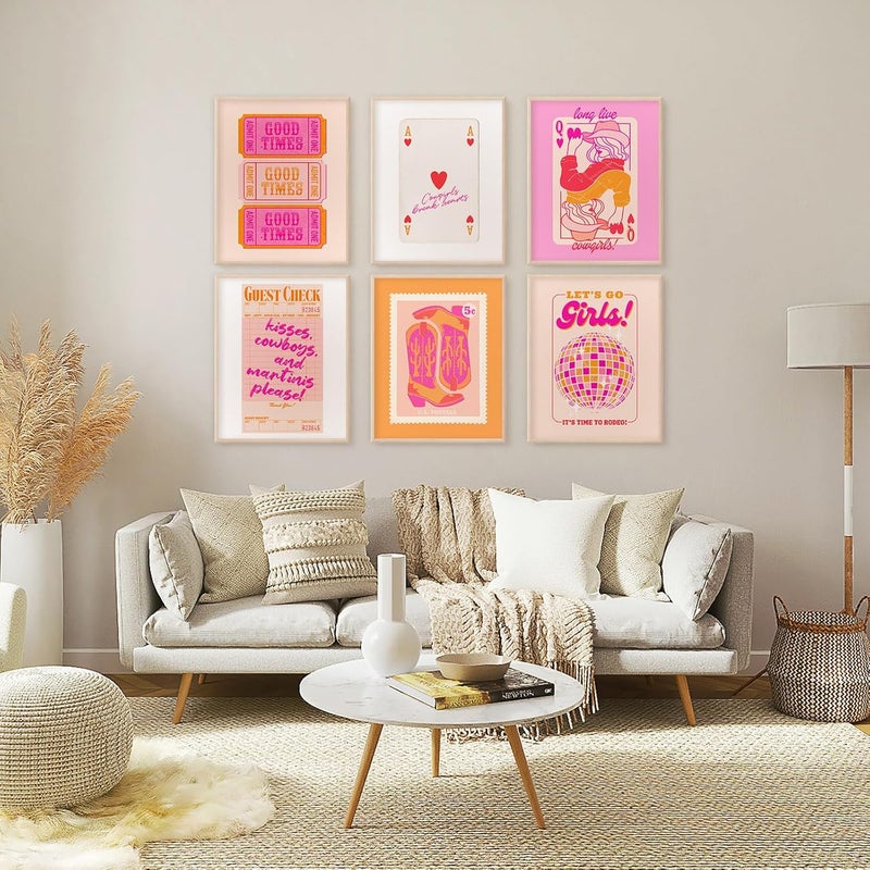 ARS Hot Pink Wall Art Decor Trendy Aesthetic Pictures Preppy Funky Wall Art Poker Retro Poster Orange Vintage Canvas Hot Pink Artwork Western Prints Cowgirl Painting Dorm Room 8x10 Inch Unframed Set of 6 - Image 5