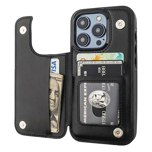OT ONETOP ONETOP Compatible with iPhone 15 Pro Wallet Case with Card Holder, PU Leather Kickstand Card Slots Case, Double Magnetic Clasp and Durable Shockproof Cover 6.1 Inch (Black) - Image 2
