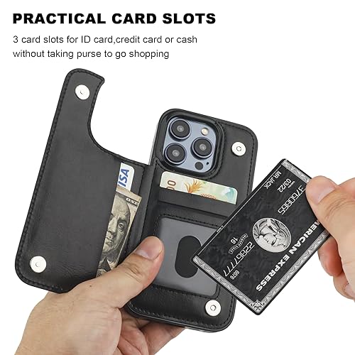 OT ONETOP ONETOP Compatible with iPhone 15 Pro Wallet Case with Card Holder, PU Leather Kickstand Card Slots Case, Double Magnetic Clasp and Durable Shockproof Cover 6.1 Inch (Black) - Image 4
