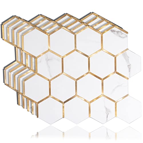 Diflart Peel and Stick Kitchen Backsplash Tiles Gold and White Hexagon PVC Wall Tile Faux Marble for Kitchen Bathroom Pack of 10 Sheets