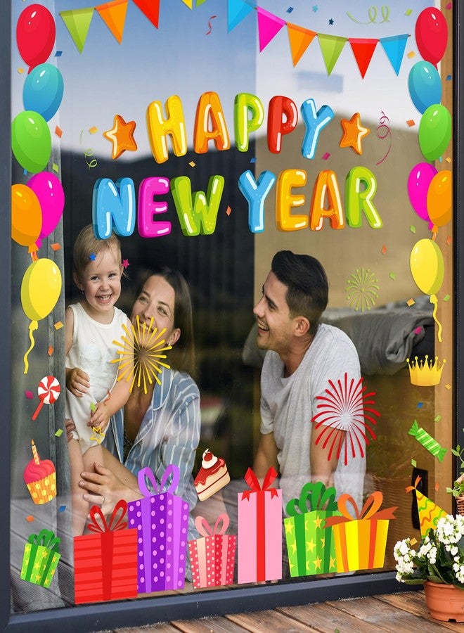 وولاين مجموعة ملصقات نوافذ "والاين" من 6 أوراق، ملصقات نوافذ "عام جديد سعيد"، ملصقات ملونة على شكل ألعاب نارية وبالونات، علبة هدايا، قابلة لإعادة الاستخدام، مضادة للصدمات، ديكور نوافذ للمنزل والمدرسة والمكتب ولوازم الحفلات - Image 2