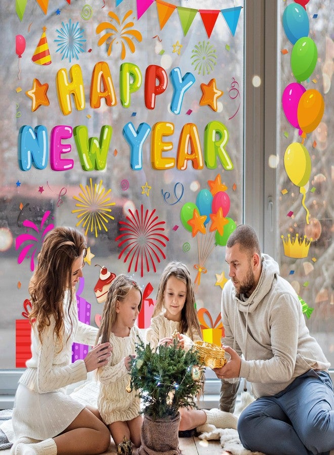 وولاين مجموعة ملصقات نوافذ "والاين" من 6 أوراق، ملصقات نوافذ "عام جديد سعيد"، ملصقات ملونة على شكل ألعاب نارية وبالونات، علبة هدايا، قابلة لإعادة الاستخدام، مضادة للصدمات، ديكور نوافذ للمنزل والمدرسة والمكتب ولوازم الحفلات - Image 4