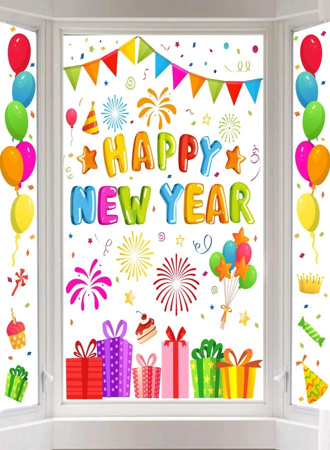 وولاين مجموعة ملصقات نوافذ "والاين" من 6 أوراق، ملصقات نوافذ "عام جديد سعيد"، ملصقات ملونة على شكل ألعاب نارية وبالونات، علبة هدايا، قابلة لإعادة الاستخدام، مضادة للصدمات، ديكور نوافذ للمنزل والمدرسة والمكتب ولوازم الحفلات - Image 1