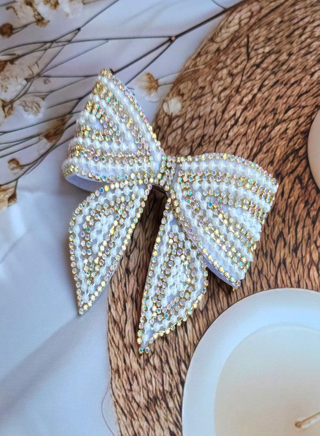 RHOSYN HAIR ACCESSORIES Embellished Hair Bow Clips for Women | Stone Crystal Hair Bow Clips | Hair Bow Barrette Clip | Fancy Wedding Hair Accessories | Stylish Bow Hair Clips for Girls (KH) Golden - Image 1