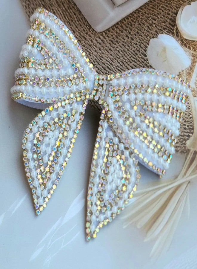 RHOSYN HAIR ACCESSORIES Embellished Hair Bow Clips for Women | Stone Crystal Hair Bow Clips | Hair Bow Barrette Clip | Fancy Wedding Hair Accessories | Stylish Bow Hair Clips for Girls (KH) Golden - Image 3