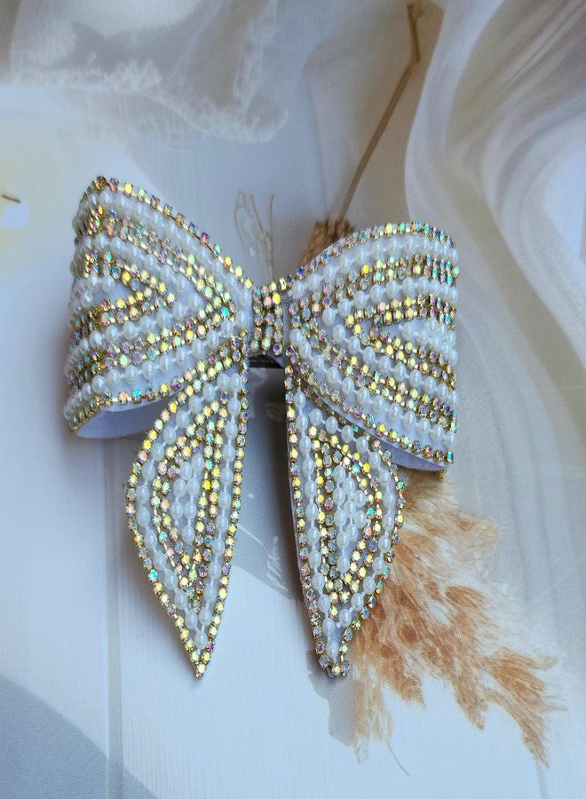 RHOSYN HAIR ACCESSORIES Embellished Hair Bow Clips for Women | Stone Crystal Hair Bow Clips | Hair Bow Barrette Clip | Fancy Wedding Hair Accessories | Stylish Bow Hair Clips for Girls (KH) Golden - Image 4