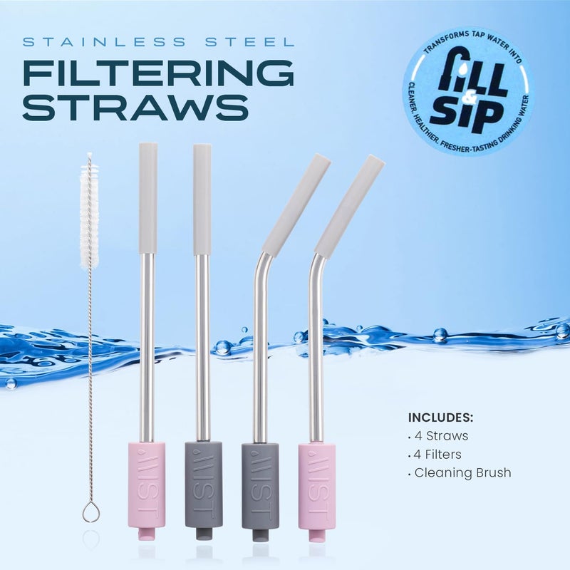 Mist Reusable Stainless Steel Metal Straws With Filter, Removes Chlorine & Odor, Silicon Tips, DIshwasher Safe. 2 Pink 2 Gray, 4 Pack - Image 2