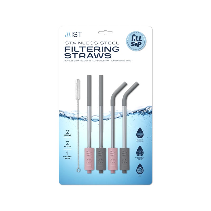 Mist Reusable Stainless Steel Metal Straws With Filter, Removes Chlorine & Odor, Silicon Tips, DIshwasher Safe. 2 Pink 2 Gray, 4 Pack - Image 1