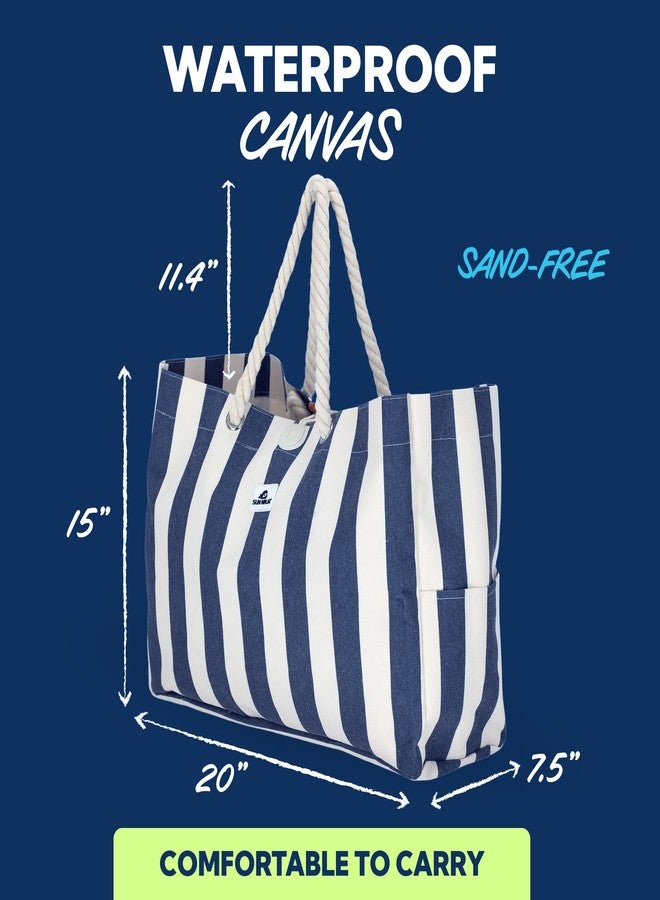 SUN NINJA XL Canvas Beach Tote Bag - Water-Resistant Beach Bag with Pockets - Large Pool Bags and Totes - Cute Big Summer Tote Travel Beach Bag - 15x20 (38.1x50.8cm) Navy Stripe - Image 4