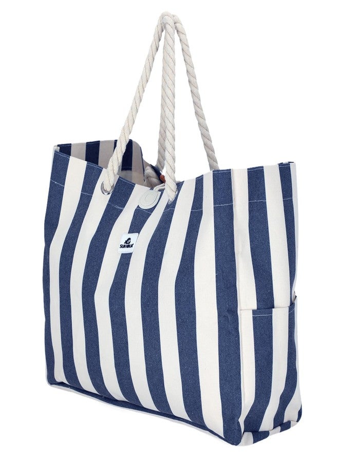 SUN NINJA XL Canvas Beach Tote Bag - Water-Resistant Beach Bag with Pockets - Large Pool Bags and Totes - Cute Big Summer Tote Travel Beach Bag - 15x20 (38.1x50.8cm) Navy Stripe - Image 1