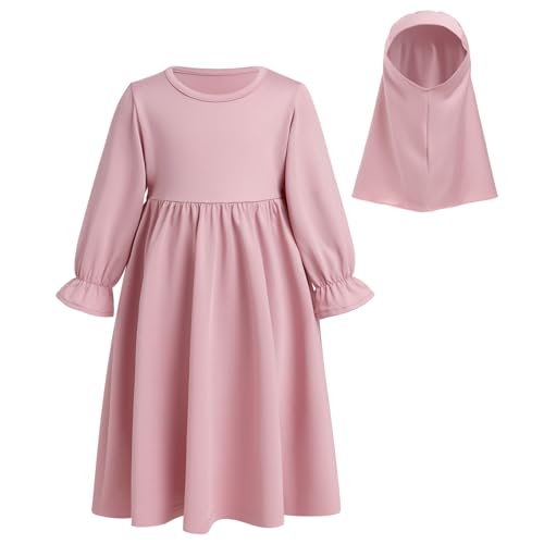 ODASDO Newborn Infant Baby Girls Muslim Abaya Prayer Dress, Toddler Kids Long Sleeve Maxi Islamic Kaftan Dress with Hijab Two Piece Set Middle East Arabian Dubai Robe Ramadan Eid Party Pink 18-24 Months - Image 2
