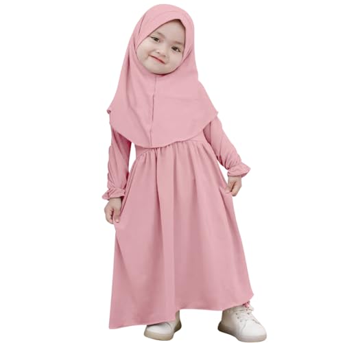 ODASDO Newborn Infant Baby Girls Muslim Abaya Prayer Dress, Toddler Kids Long Sleeve Maxi Islamic Kaftan Dress with Hijab Two Piece Set Middle East Arabian Dubai Robe Ramadan Eid Party Pink 18-24 Months - Image 5