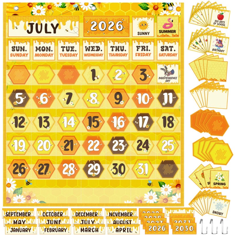 Sinload Classroom Calendar Pocket Chart Set Calendar Bulletin Board Set Seasons Festival Weather Pocket Chart for Classroom Decoration Back to School SuppliesBeeYellow - Image 2