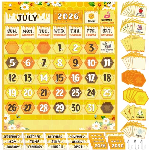 Sinload Classroom Calendar Pocket Chart Set Calendar Bulletin Board Set Seasons Festival Weather Pocket Chart for Classroom Decoration Back to School SuppliesBeeYellow - Image 1