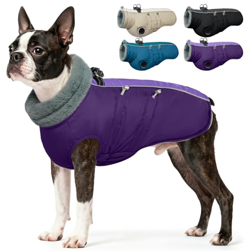 IDOMIK Warm Dog Coat with Harness Waterproof Reflective Dog Jackets for Small Dogs High Collar Winter Fleece Jacket Vest with Back Zipper Pet Winter Coats Clothes for Cold WeatherPurple S - Image 1