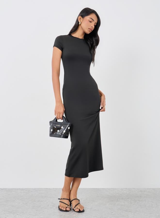 Take Two Solid Black Short Sleeve Midi Dress - Image 2