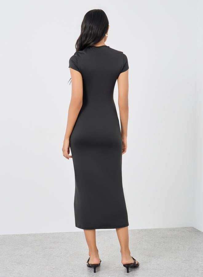 Take Two Solid Black Short Sleeve Midi Dress - Image 5