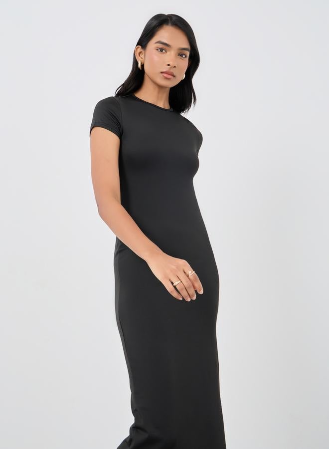 Take Two Solid Black Short Sleeve Midi Dress - Image 3