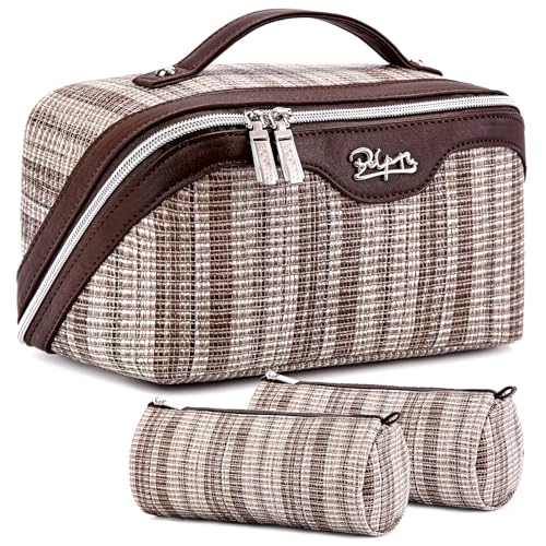 BOYATU Travel Makeup Bag for Women Large Capacity Open Flat Make up Bag Set of 3 Vegan Leather Cosmetic Bag with Compartments Waterproof Toiletry Bag with Handle DividerI5Brown - Image 1