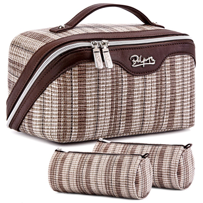 BOYATU Travel Makeup Bag for Women Large Capacity Open Flat Make up Bag Set of 3 Vegan Leather Cosmetic Bag with Compartments Waterproof Toiletry Bag with Handle DividerI5Brown - Image 2