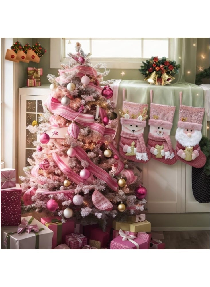 GGEROU 3 قطع من الجوارب الوردية لعيد الميلاد مع لمعة ذهبية بحجم 19 بوصة، حجم كبير، دمى سانتا كلوز/رجل الثلج/غزال ثلاثي الأبعاد، جوارب عيد الميلاد لتزيين العائلة في عيد الميلاد - Image 1