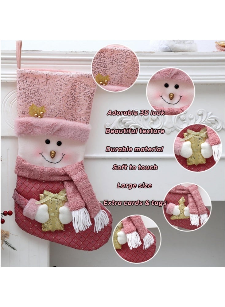 GGEROU 3 قطع من الجوارب الوردية لعيد الميلاد مع لمعة ذهبية بحجم 19 بوصة، حجم كبير، دمى سانتا كلوز/رجل الثلج/غزال ثلاثي الأبعاد، جوارب عيد الميلاد لتزيين العائلة في عيد الميلاد - Image 4