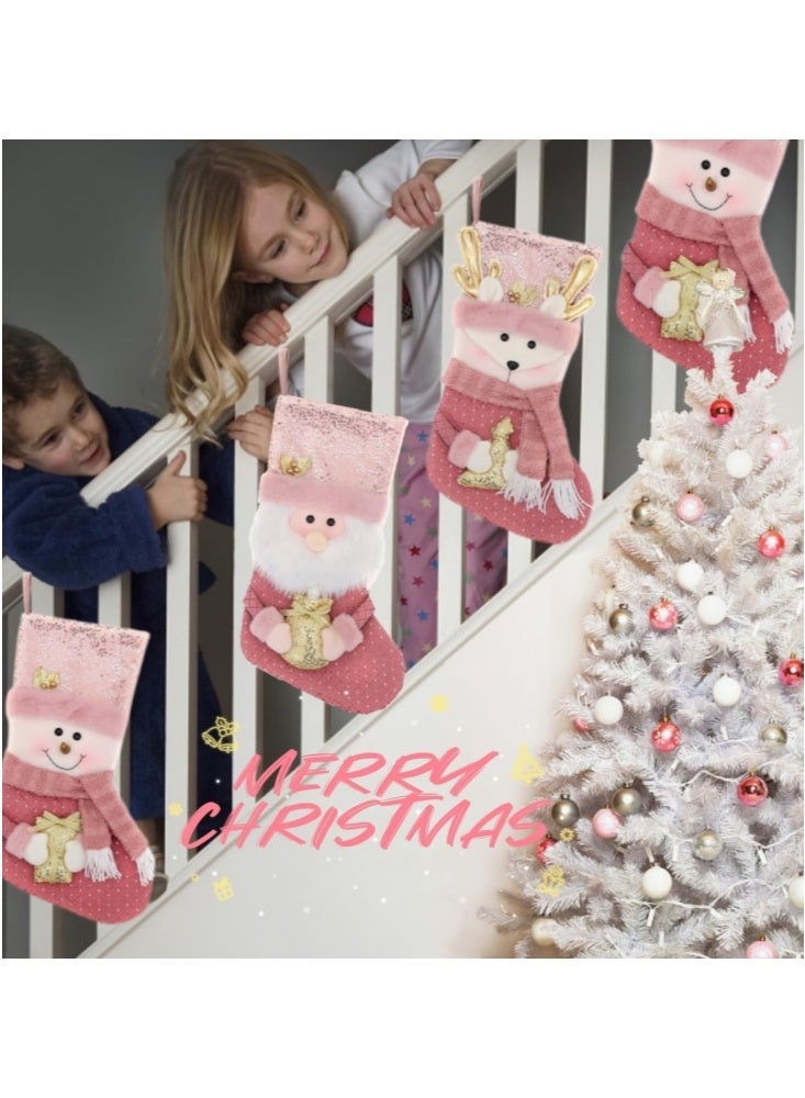 GGEROU 3 قطع من الجوارب الوردية لعيد الميلاد مع لمعة ذهبية بحجم 19 بوصة، حجم كبير، دمى سانتا كلوز/رجل الثلج/غزال ثلاثي الأبعاد، جوارب عيد الميلاد لتزيين العائلة في عيد الميلاد - Image 5