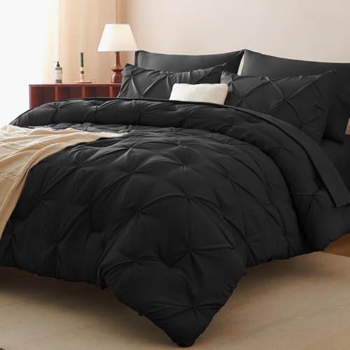 HIMEET Full Comforter Set 7 Pieces Bed in A Bag Black Luxury Soft Full Size Bed Set Pintuck Pinch Pleat Bedding Sets with Comforter Flat Sheet Fitted Sheet and Pillowcases  Shams