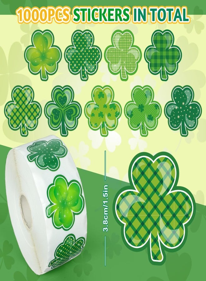 Whaline 1000Pcs St. Patrick's Day Stickers Roll Shamrock Clover Paper Decals 9 Designs Green Sparkly Decorative Reward Seal Sticker for Envelope Journal Decor Party Supplies - Image 2