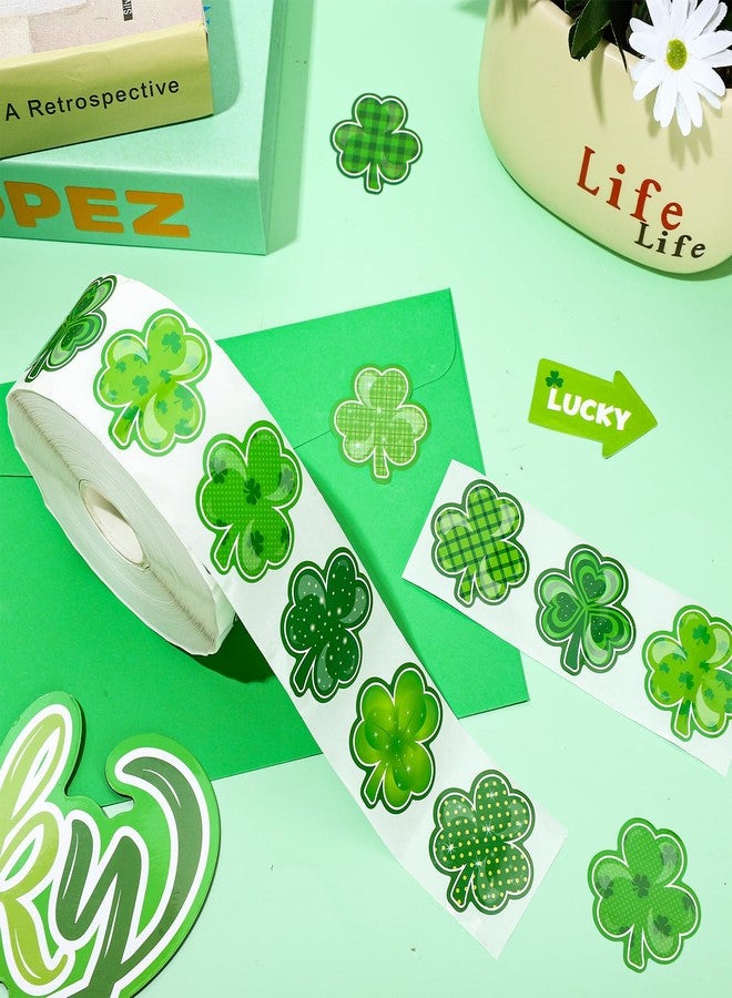 Whaline 1000Pcs St. Patrick's Day Stickers Roll Shamrock Clover Paper Decals 9 Designs Green Sparkly Decorative Reward Seal Sticker for Envelope Journal Decor Party Supplies - Image 3